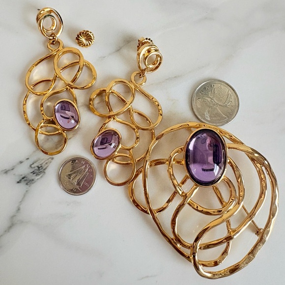 1993 Vtg Avon Faux Amethyst Gold Tone Brooch & Earrings Set Bold 90s Statement - Picture 13 of 16